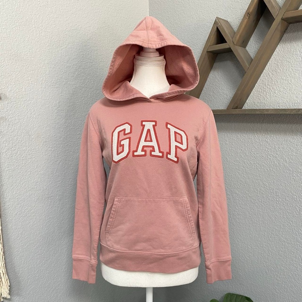 GAP PINK WHITE EMBROIDERED HOODIE LONG SLEEVE PULLOVER KANGAROO POCKET